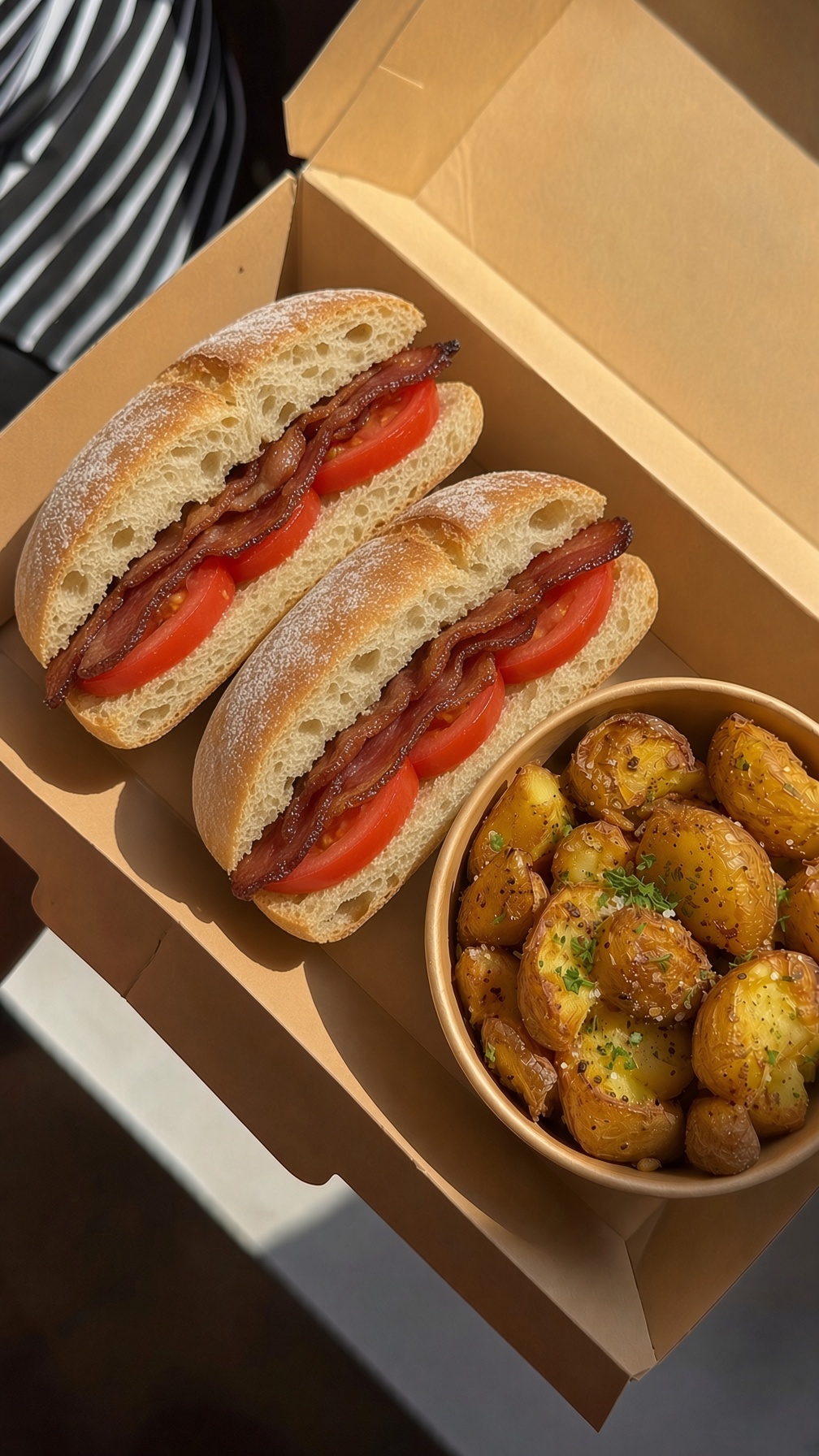 Bums Bacon on ciabatta in a kraft box