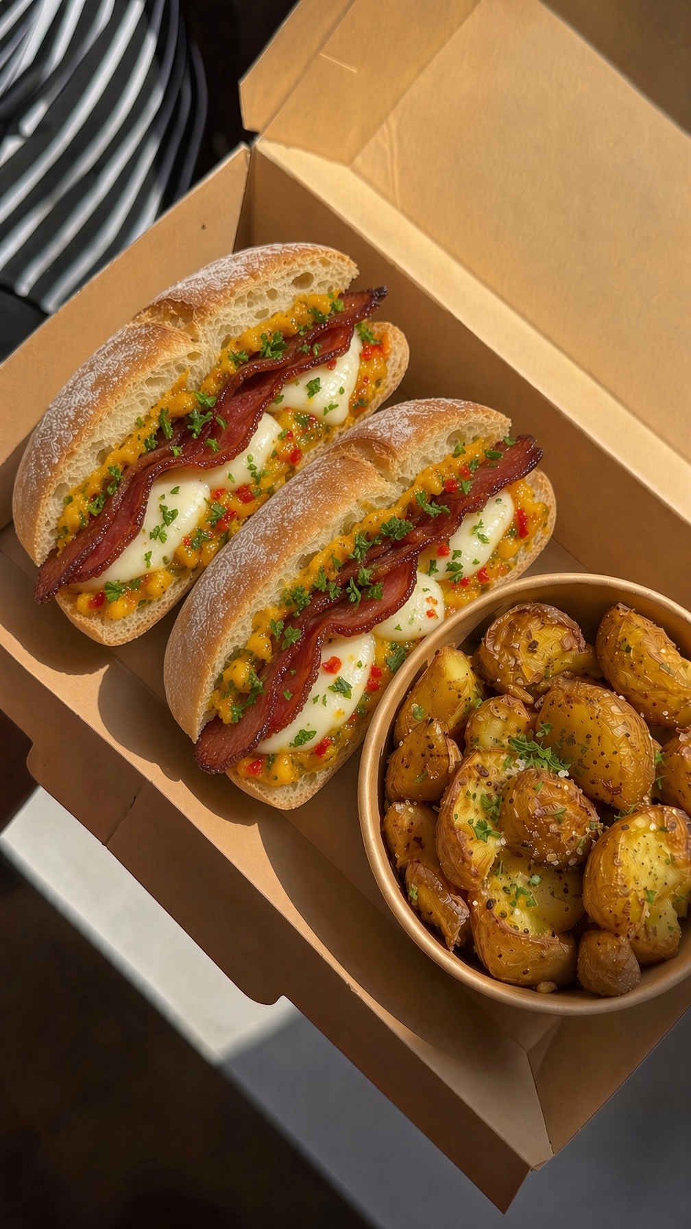 Bánh Maybe on ciabatta in a kraft box