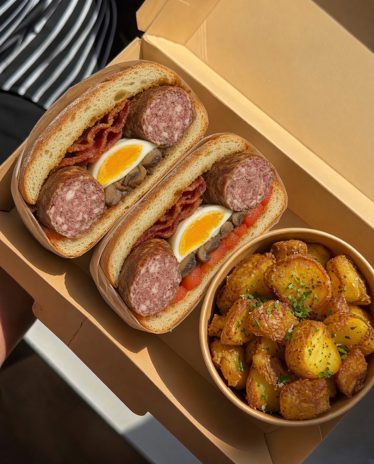 Bums Breakie on ciabatta in a kraft box