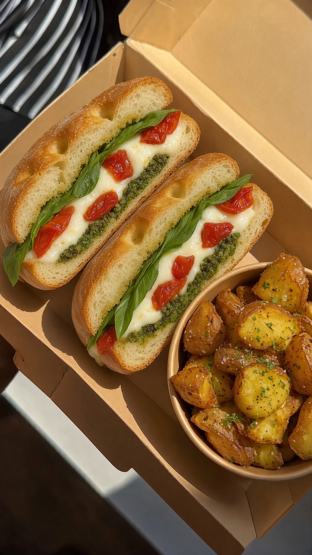 Caprese Melt on ciabatta in a kraft box